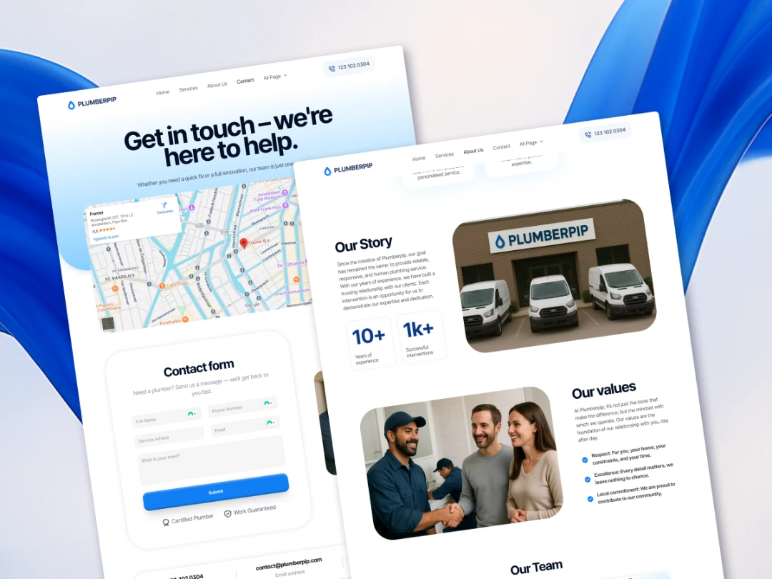 Maquette de site web de plombier avec carte, formulaire de contact et présentation de l’entreprise Plumberpip.