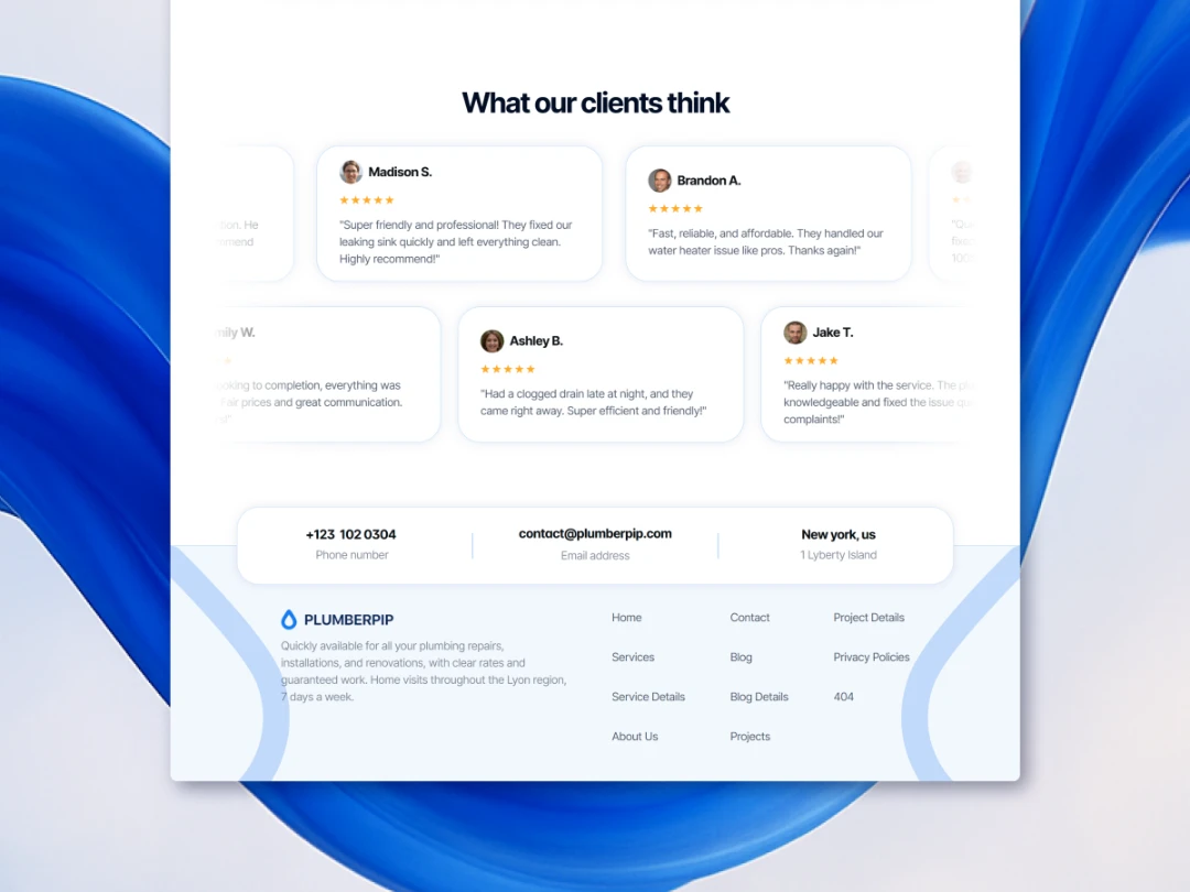 Section avis clients d’un site web de plombier avec témoignages et coordonnées de contact.