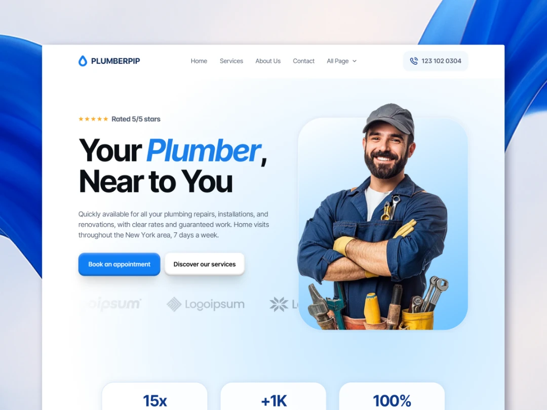 Page d’accueil d’un site web de plombier avec slogan, photo du plombier et boutons d’appel à l’action